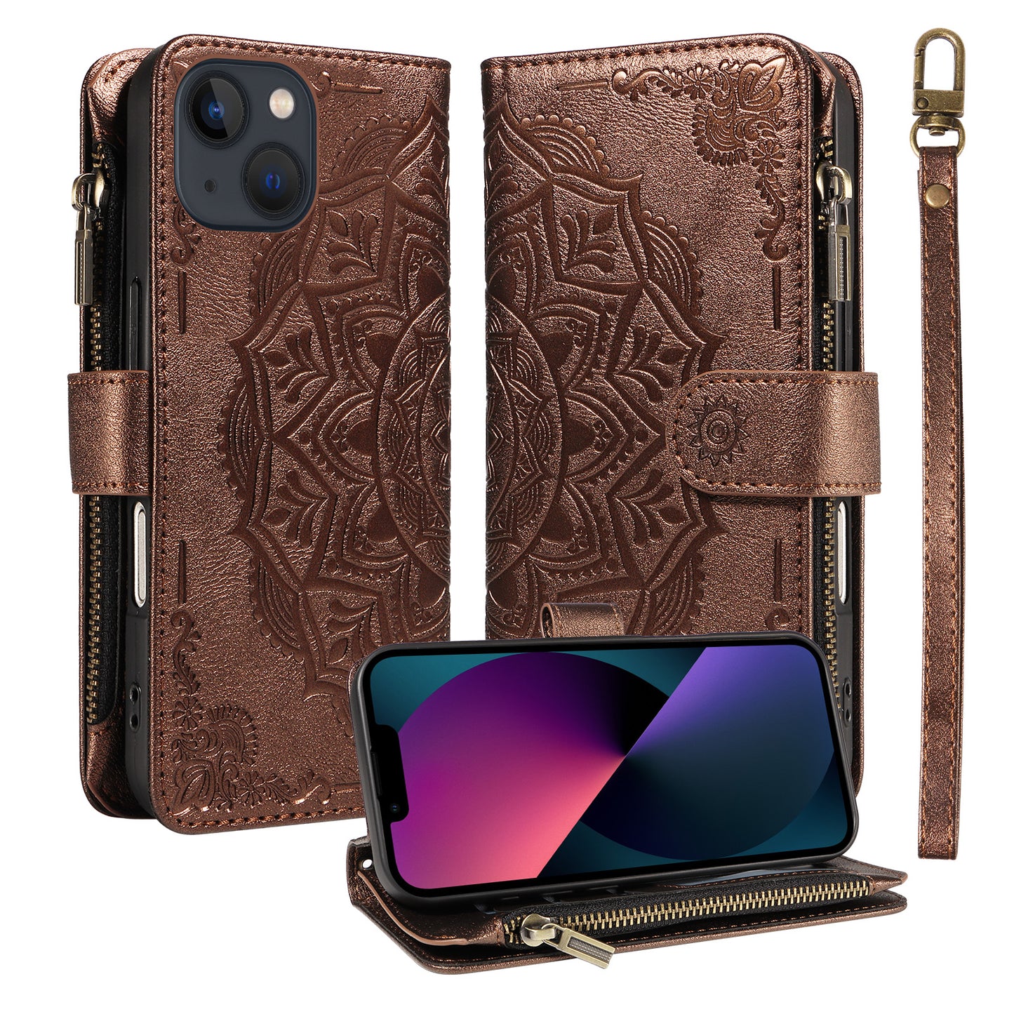 For iPhone 14 Wallet Case 9 Card Slots RFID Blocking Mandala Embossed Leather Flip Cover with Wrist Strap