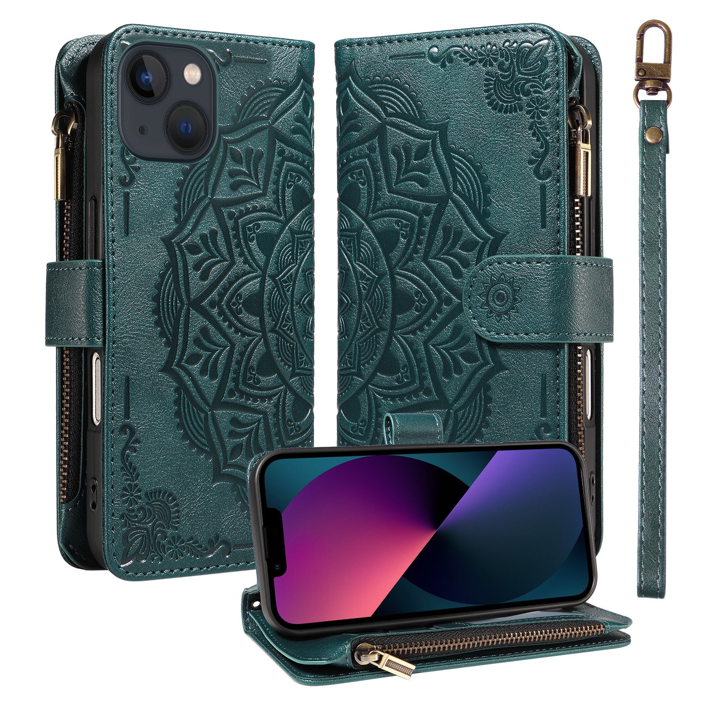 For iPhone 14 Wallet Case 9 Card Slots RFID Blocking Mandala Embossed Leather Flip Cover with Wrist Strap
