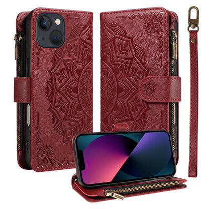 For iPhone 14 Wallet Case 9 Card Slots RFID Blocking Mandala Embossed Leather Flip Cover with Wrist Strap