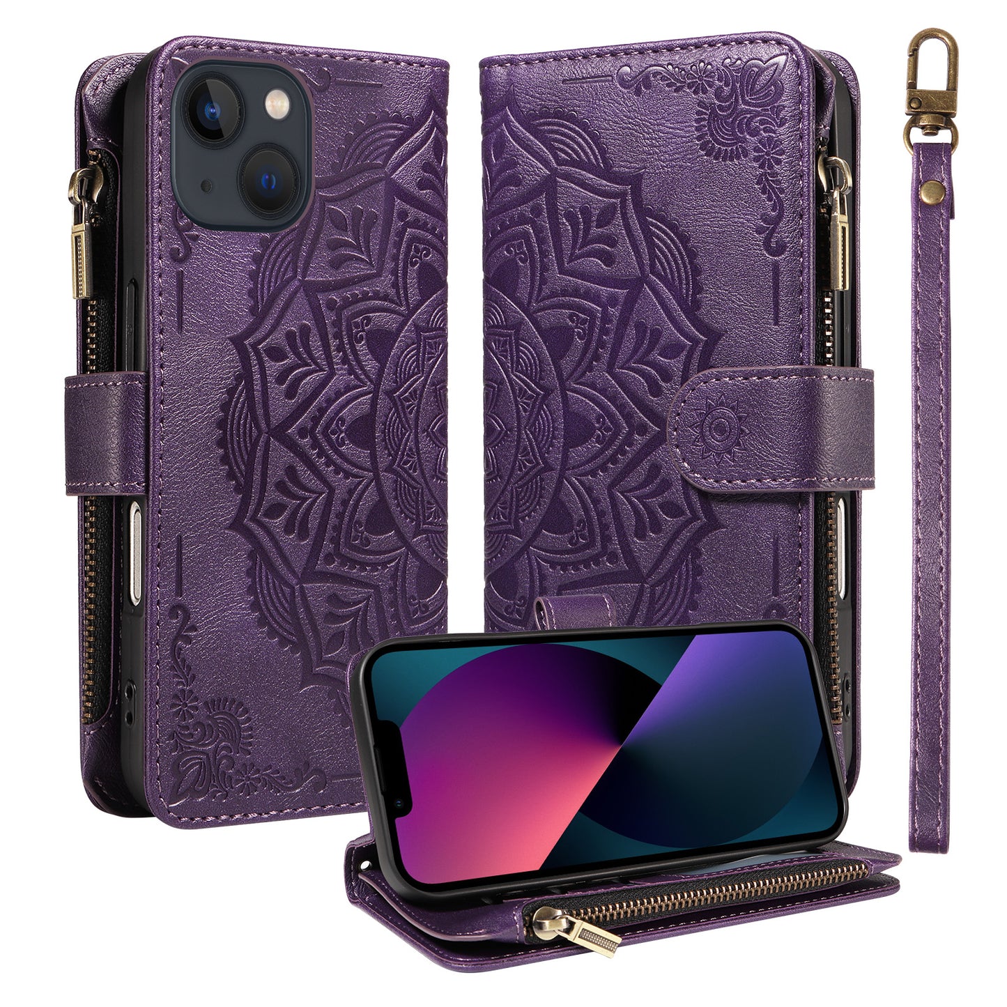 For iPhone 14 Wallet Case 9 Card Slots RFID Blocking Mandala Embossed Leather Flip Cover with Wrist Strap