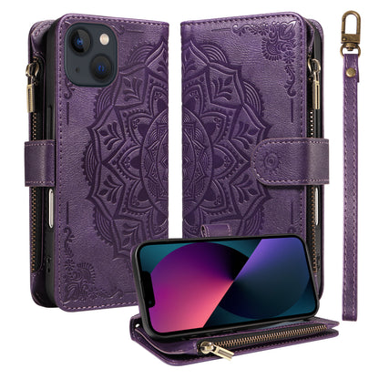 For iPhone 14 Wallet Case 9 Card Slots RFID Blocking Mandala Embossed Leather Flip Cover with Wrist Strap