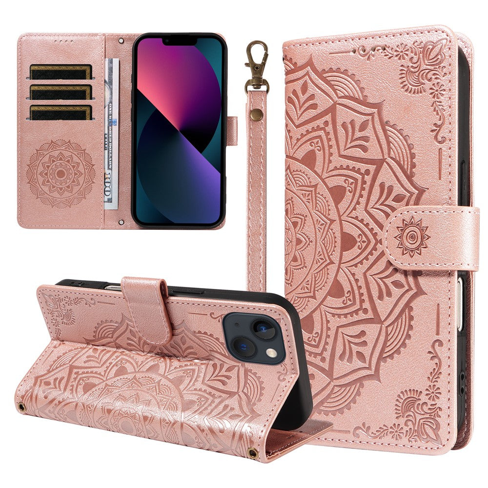 For iPhone 14 Wallet Case Embossed Mandala Pattern PU Leather + TPU Cover with Wrist Strap