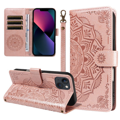 For iPhone 14 Wallet Case Embossed Mandala Pattern PU Leather + TPU Cover with Wrist Strap