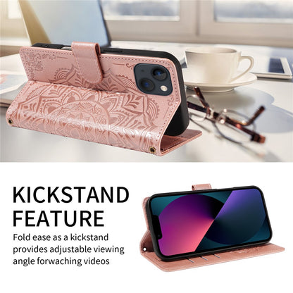 For iPhone 14 Wallet Case Embossed Mandala Pattern PU Leather + TPU Cover with Wrist Strap