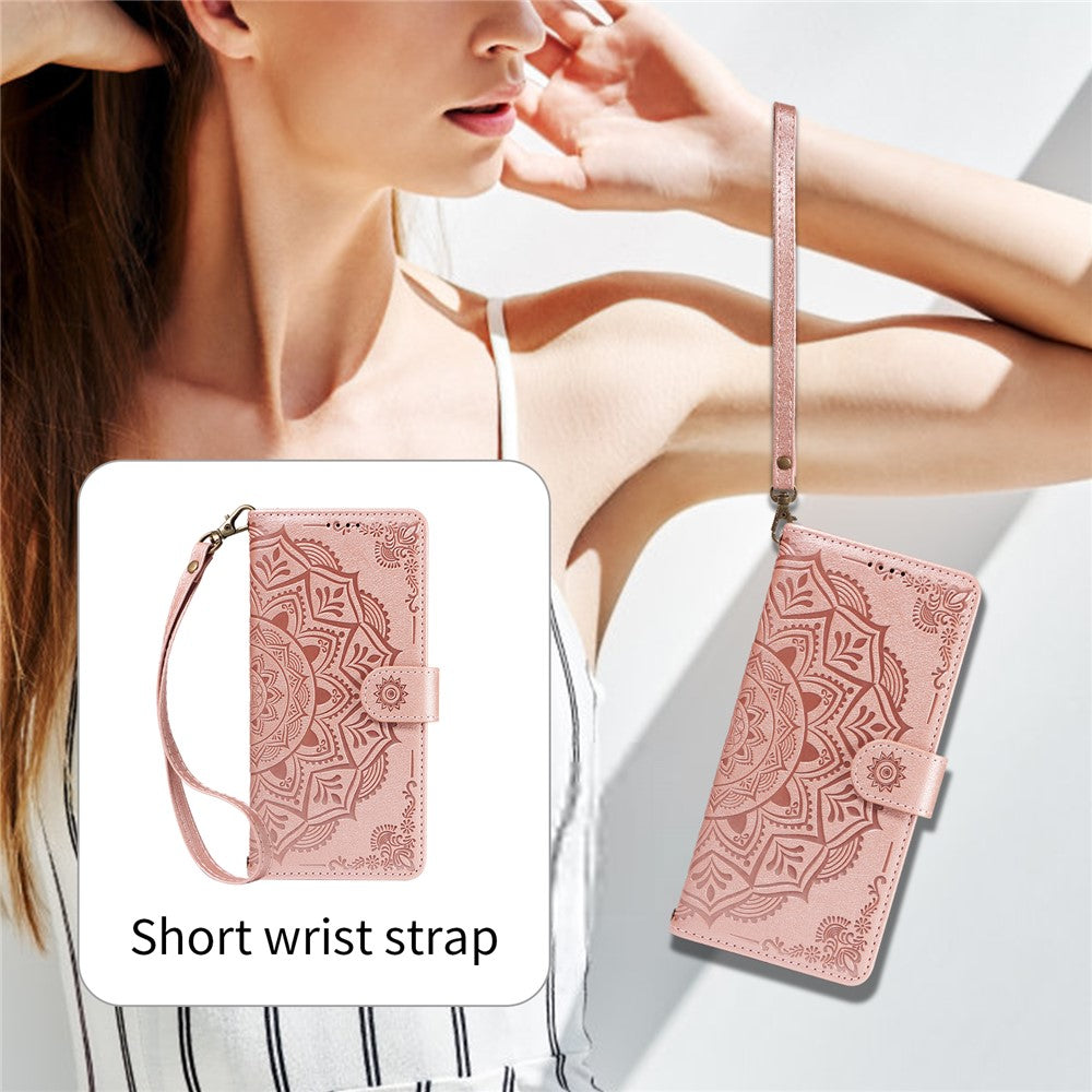 For iPhone 14 Wallet Case Embossed Mandala Pattern PU Leather + TPU Cover with Wrist Strap