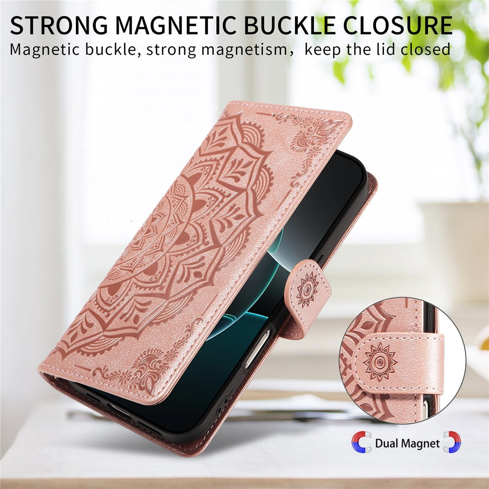For iPhone 14 Wallet Case Embossed Mandala Pattern PU Leather + TPU Cover with Wrist Strap