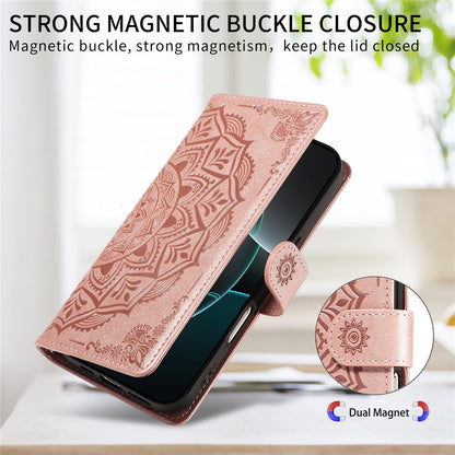 For iPhone 14 Wallet Case Embossed Mandala Pattern PU Leather + TPU Cover with Wrist Strap