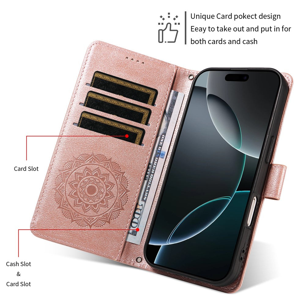 For iPhone 14 Wallet Case Embossed Mandala Pattern PU Leather + TPU Cover with Wrist Strap