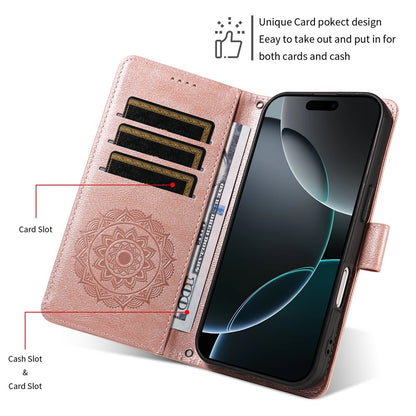 For iPhone 14 Wallet Case Embossed Mandala Pattern PU Leather + TPU Cover with Wrist Strap