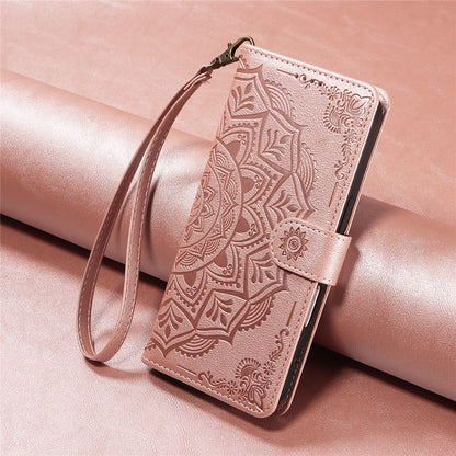 For iPhone 14 Wallet Case Embossed Mandala Pattern PU Leather + TPU Cover with Wrist Strap