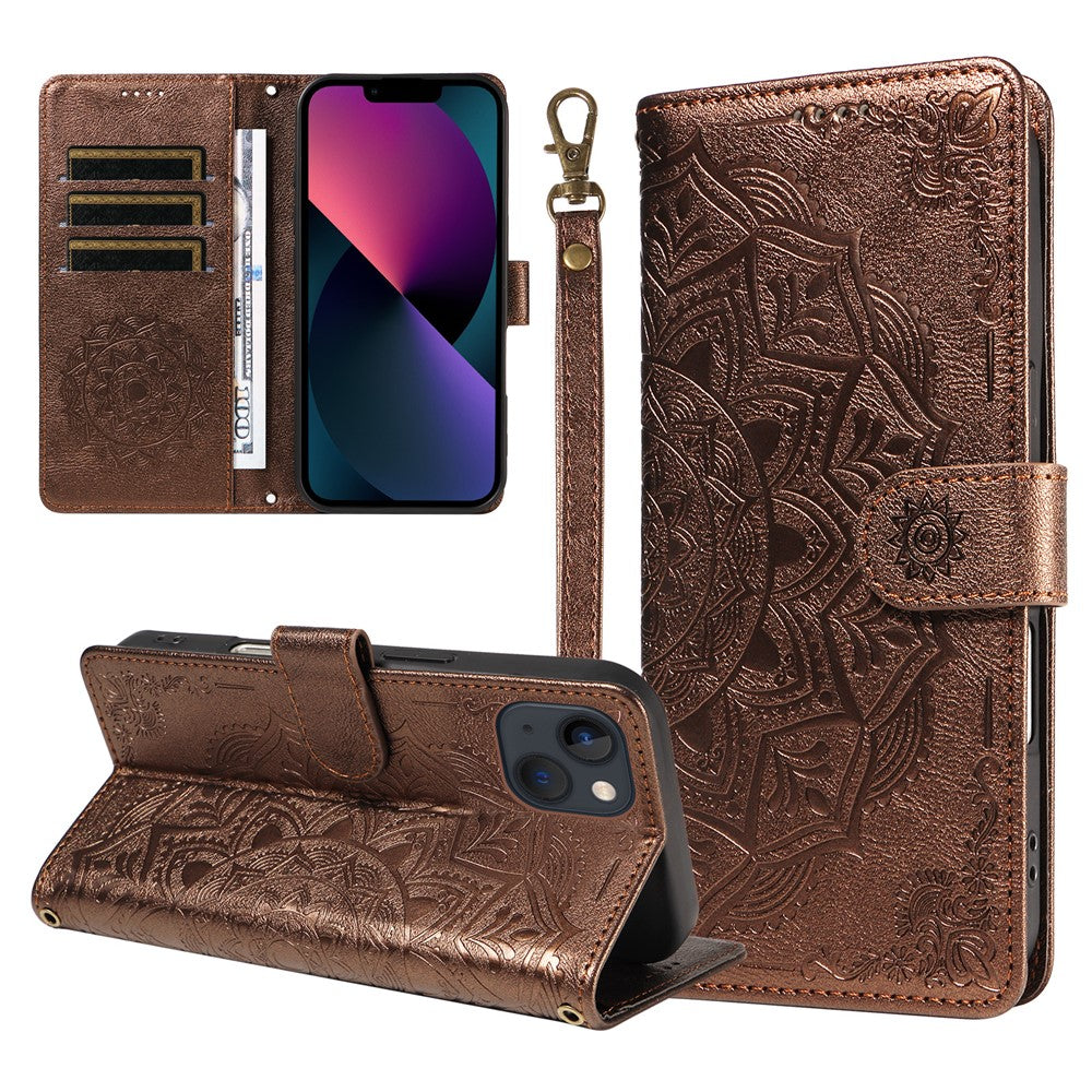 For iPhone 14 Wallet Case Embossed Mandala Pattern PU Leather + TPU Cover with Wrist Strap