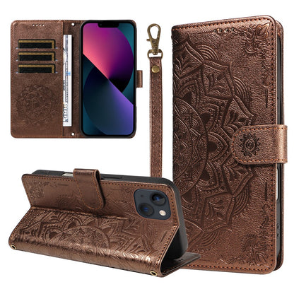For iPhone 14 Wallet Case Embossed Mandala Pattern PU Leather + TPU Cover with Wrist Strap