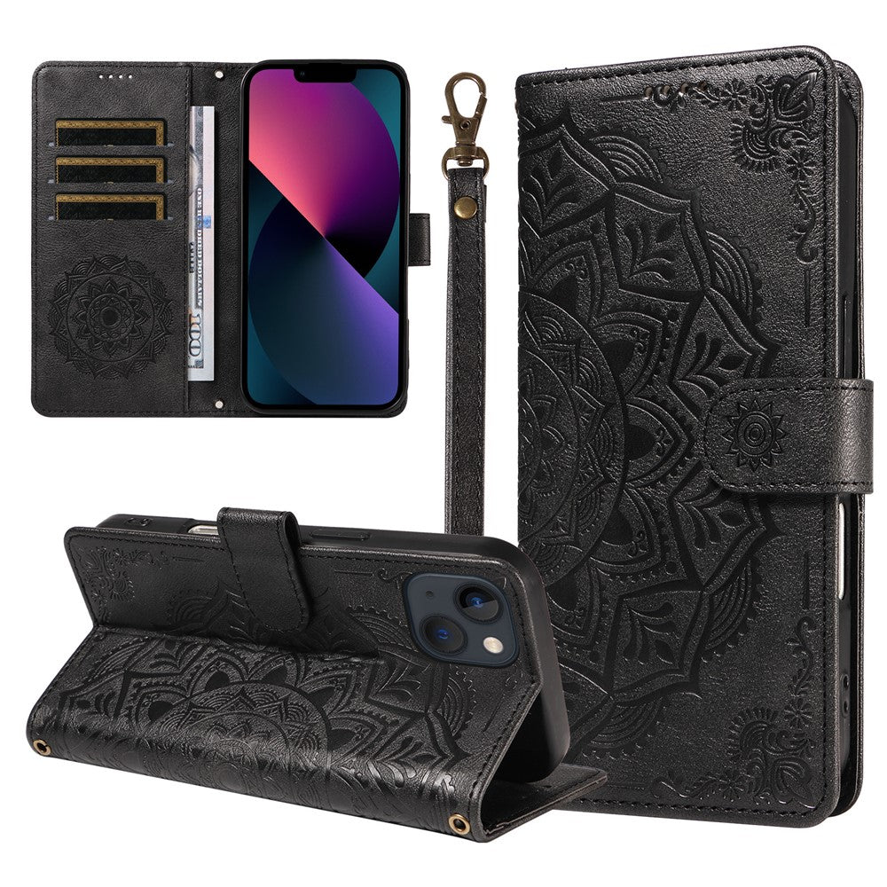 For iPhone 14 Wallet Case Embossed Mandala Pattern PU Leather + TPU Cover with Wrist Strap