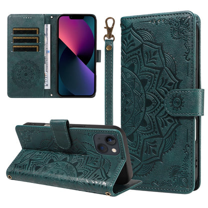 For iPhone 14 Wallet Case Embossed Mandala Pattern PU Leather + TPU Cover with Wrist Strap