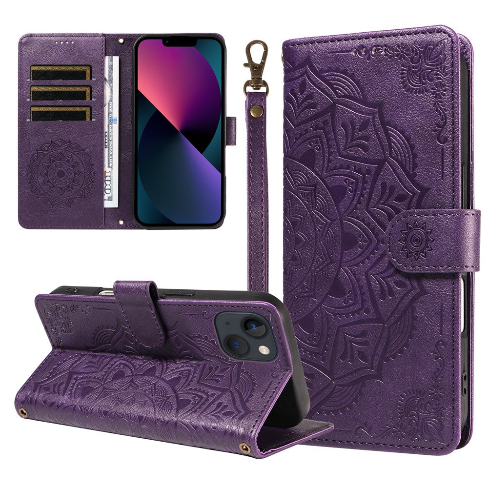 For iPhone 14 Wallet Case Embossed Mandala Pattern PU Leather + TPU Cover with Wrist Strap