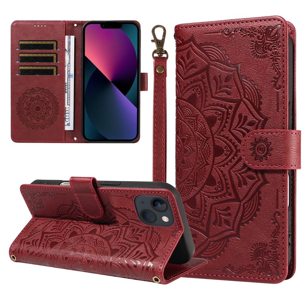 For iPhone 14 Wallet Case Embossed Mandala Pattern PU Leather + TPU Cover with Wrist Strap