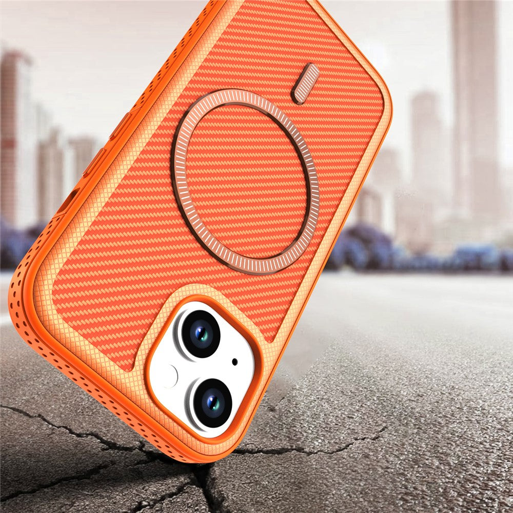 For iPhone 14  /  13 Magnetic Case Carbon Fiber Texture PC + TPU Phone Cover with Independent Button