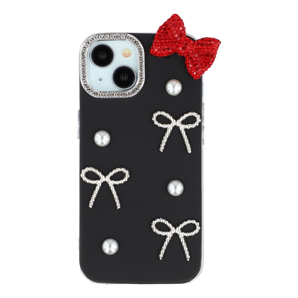 For iPhone 14 Case Pearl Bow Decor PC + TPU IMD Phone Cover with Rhinestone Camera Ring