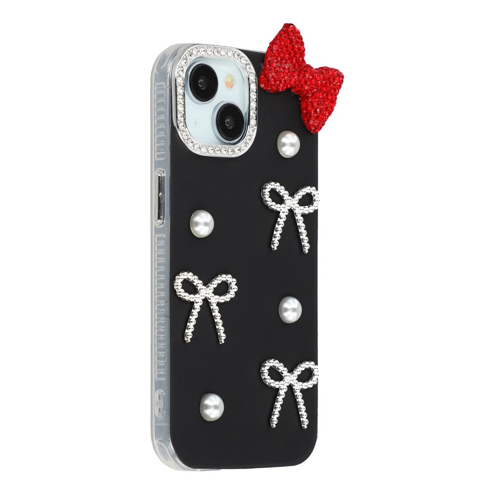 For iPhone 14 Case Pearl Bow Decor PC + TPU IMD Phone Cover with Rhinestone Camera Ring
