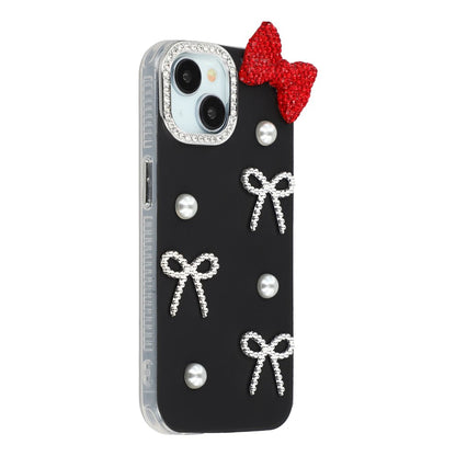 For iPhone 14 Case Pearl Bow Decor PC + TPU IMD Phone Cover with Rhinestone Camera Ring
