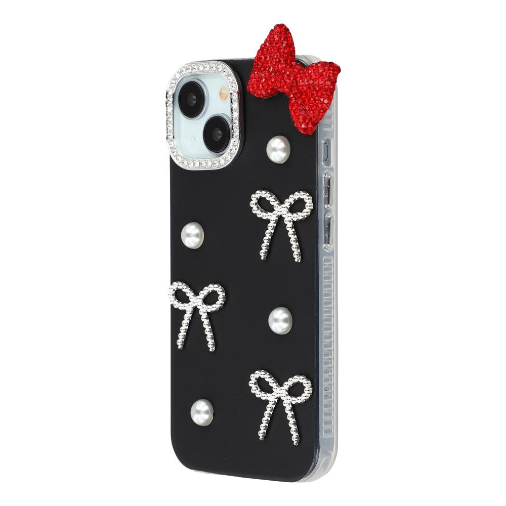 For iPhone 14 Case Pearl Bow Decor PC + TPU IMD Phone Cover with Rhinestone Camera Ring