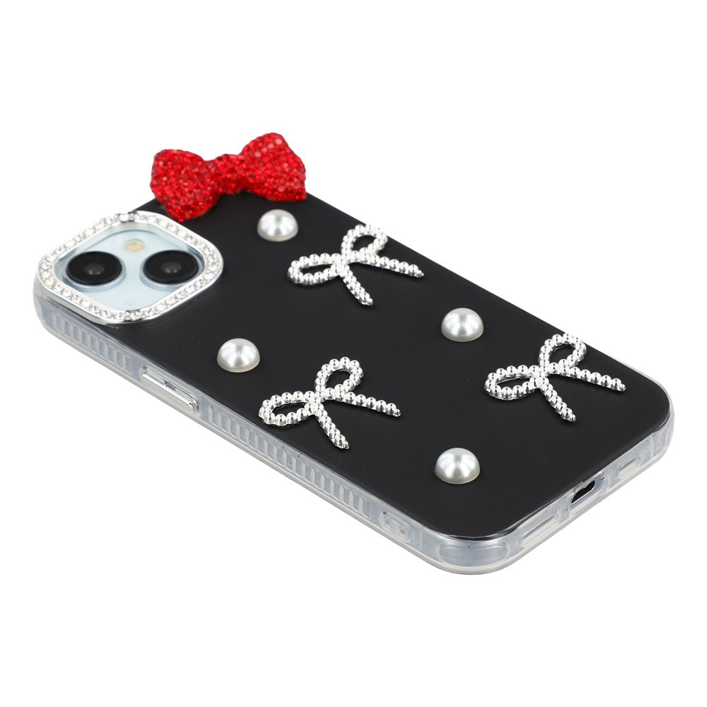 For iPhone 14 Case Pearl Bow Decor PC + TPU IMD Phone Cover with Rhinestone Camera Ring