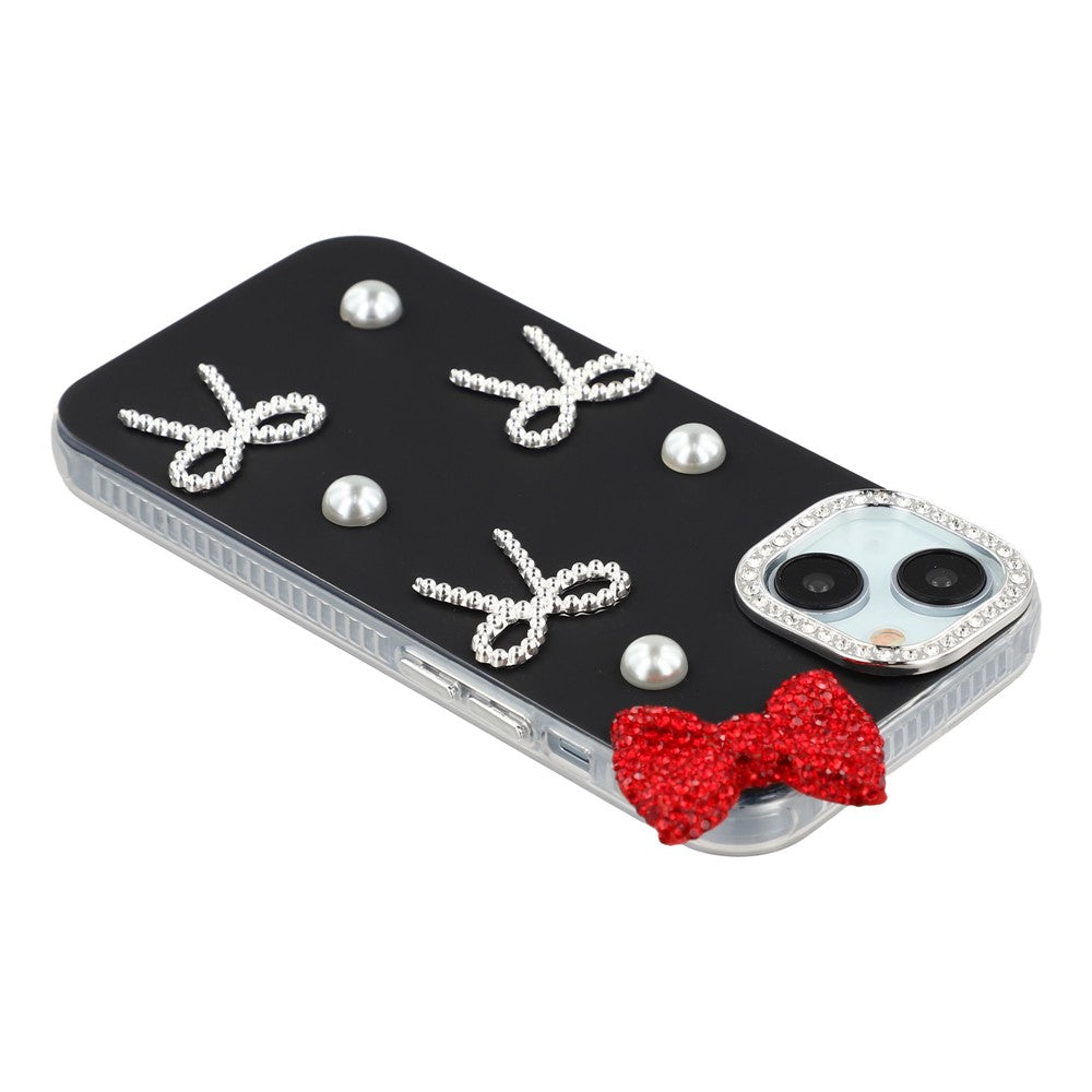For iPhone 14 Case Pearl Bow Decor PC + TPU IMD Phone Cover with Rhinestone Camera Ring