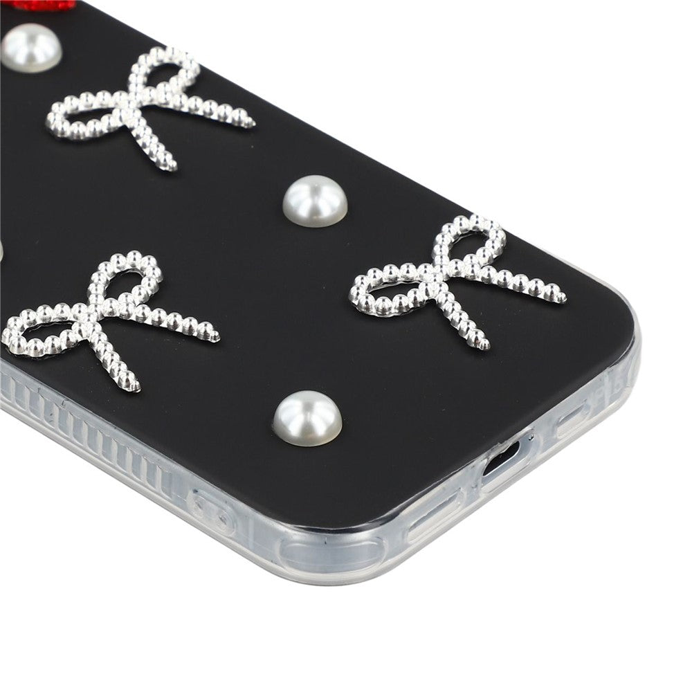 For iPhone 14 Case Pearl Bow Decor PC + TPU IMD Phone Cover with Rhinestone Camera Ring