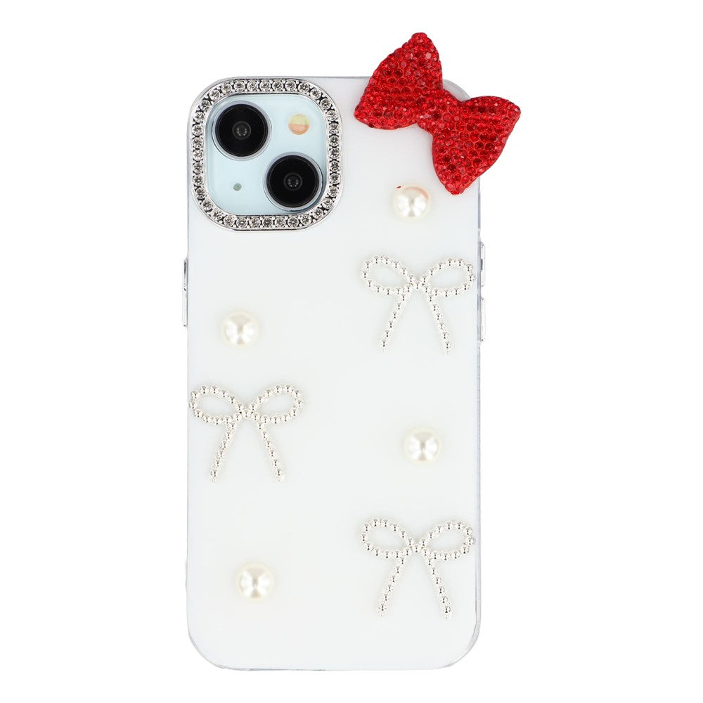 For iPhone 14 Case Pearl Bow Decor PC + TPU IMD Phone Cover with Rhinestone Camera Ring