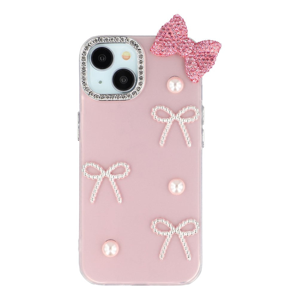 For iPhone 14 Case Pearl Bow Decor PC + TPU IMD Phone Cover with Rhinestone Camera Ring