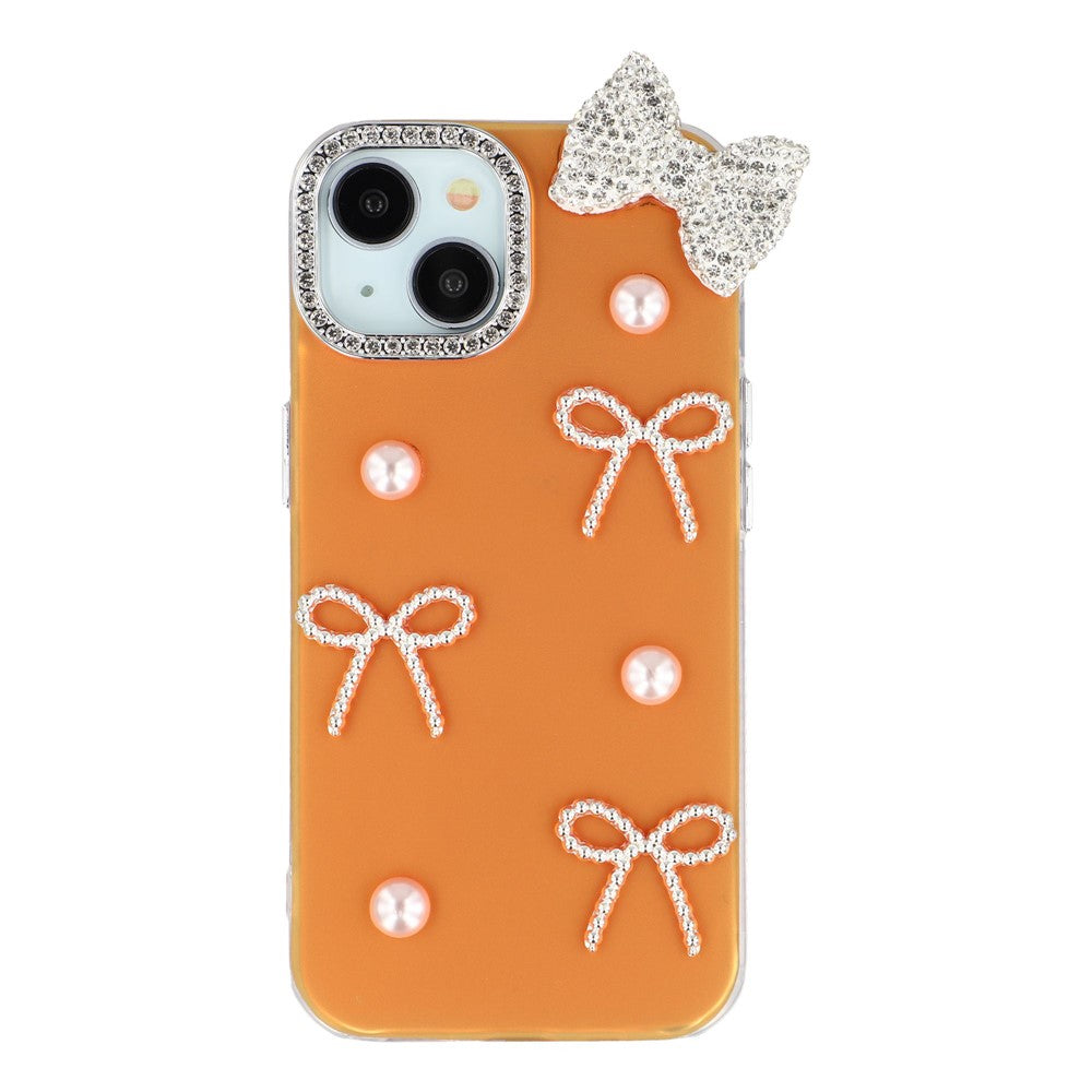 For iPhone 14 Case Pearl Bow Decor PC + TPU IMD Phone Cover with Rhinestone Camera Ring