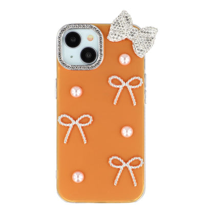 For iPhone 14 Case Pearl Bow Decor PC + TPU IMD Phone Cover with Rhinestone Camera Ring
