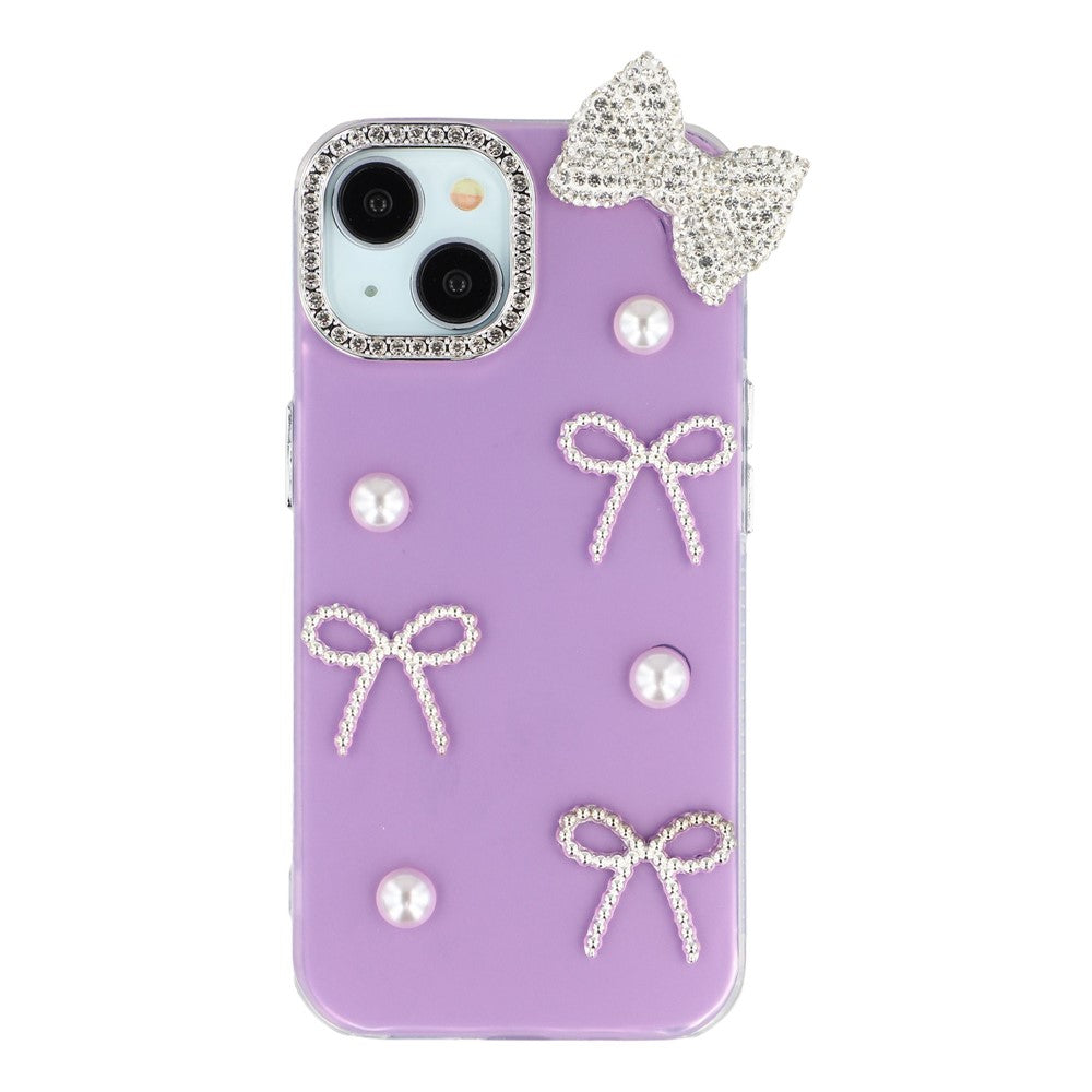 For iPhone 14 Case Pearl Bow Decor PC + TPU IMD Phone Cover with Rhinestone Camera Ring