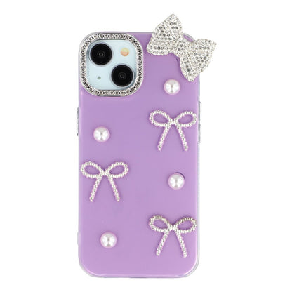 For iPhone 14 Case Pearl Bow Decor PC + TPU IMD Phone Cover with Rhinestone Camera Ring