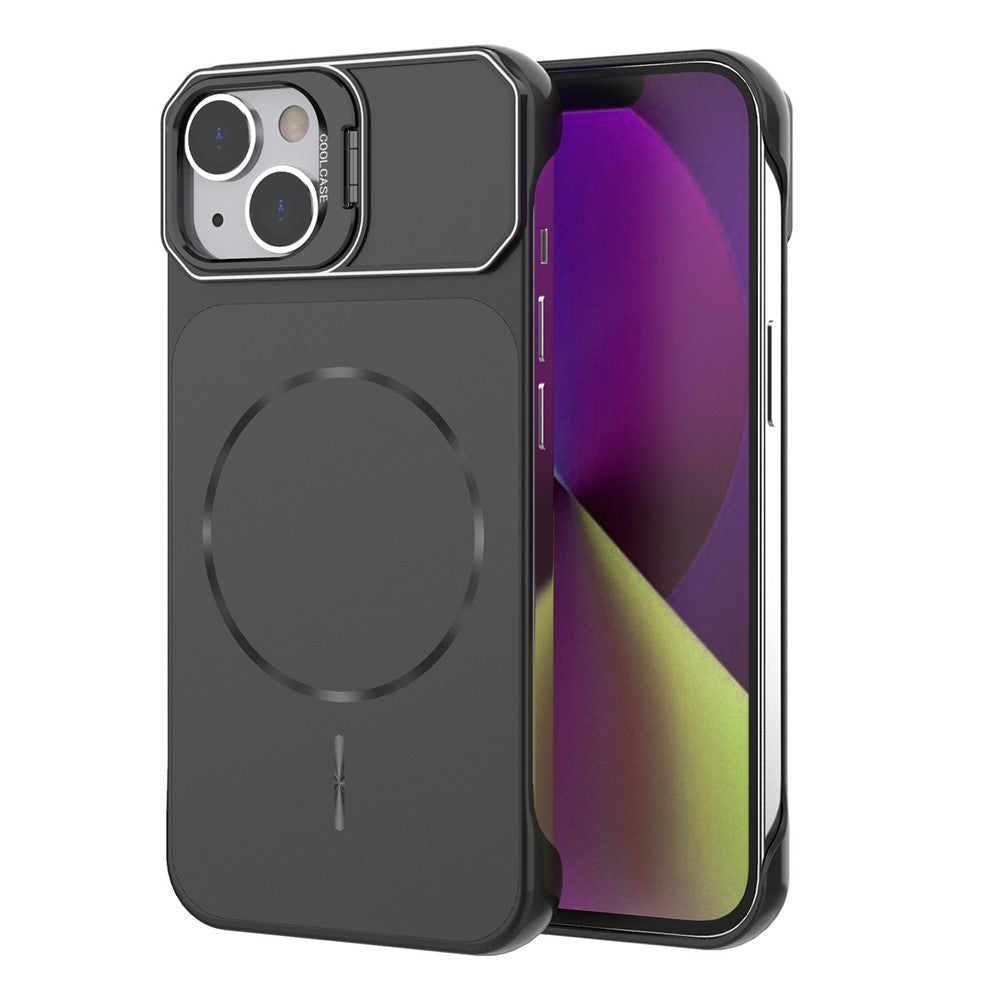 For iPhone 14 Magnetic Case Lens Frame Kickstand Matte PC Frameless Phone Cover