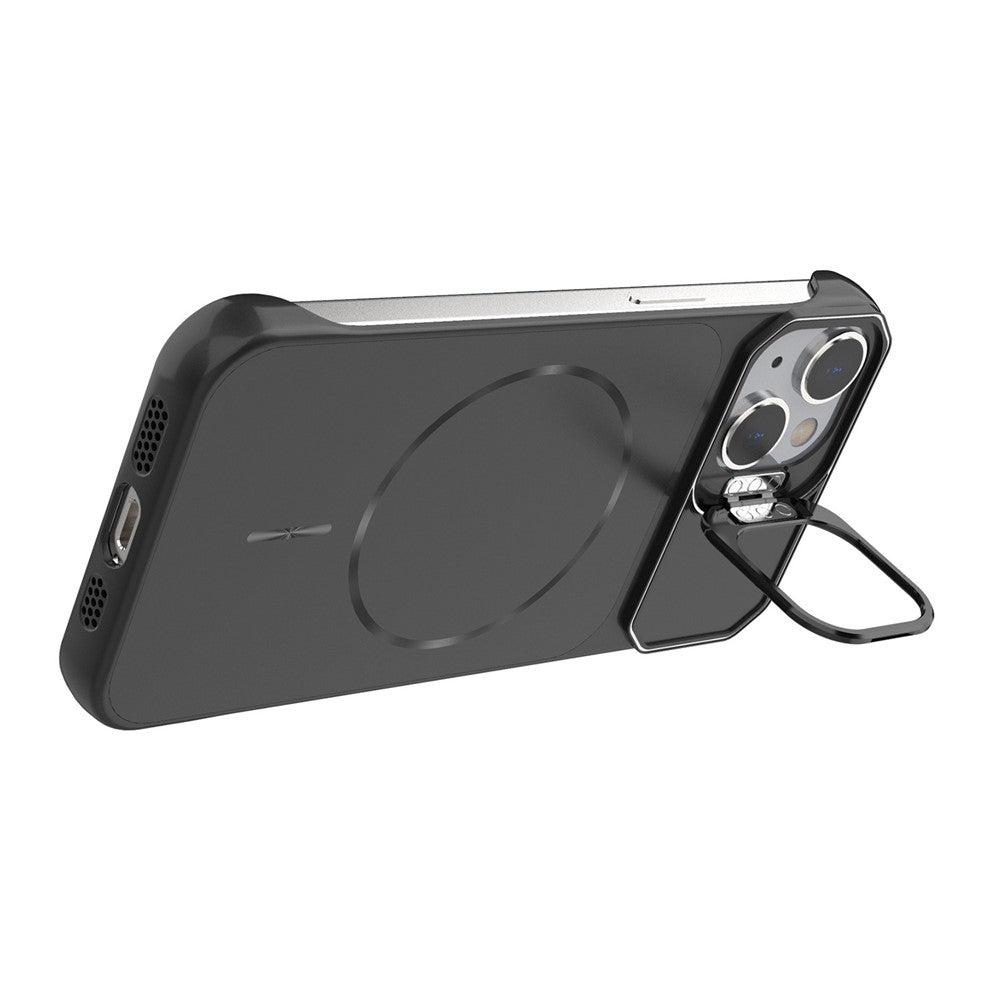 For iPhone 14 Magnetic Case Lens Frame Kickstand Matte PC Frameless Phone Cover