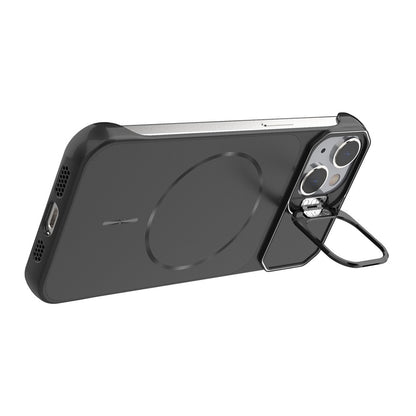 For iPhone 14 Magnetic Case Lens Frame Kickstand Matte PC Frameless Phone Cover