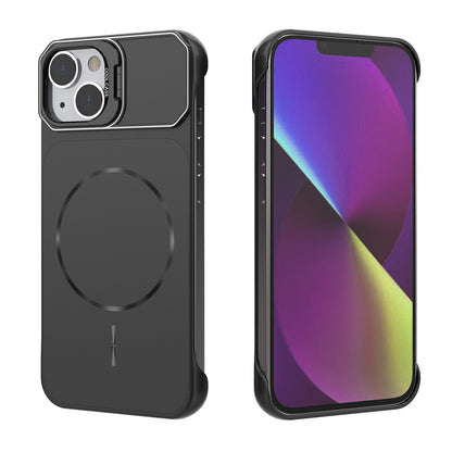 For iPhone 14 Magnetic Case Lens Frame Kickstand Matte PC Frameless Phone Cover