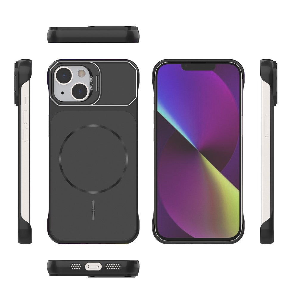 For iPhone 14 Magnetic Case Lens Frame Kickstand Matte PC Frameless Phone Cover