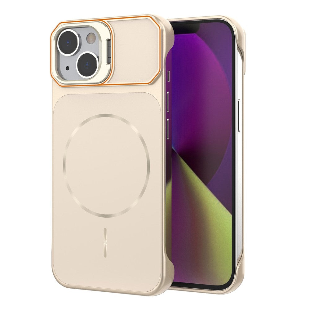 For iPhone 14 Magnetic Case Lens Frame Kickstand Matte PC Frameless Phone Cover