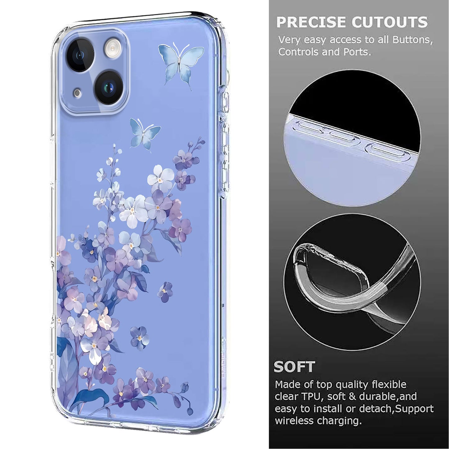 For iPhone 14 Plus Case Butterfly Floral Pattern Printing TPU Phone Back Cover