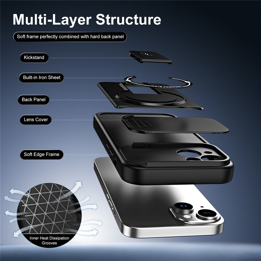For iPhone 14 Case with Slide Camera Cover Kickstand Shockproof PC + TPU Matte Finish Phone Shell