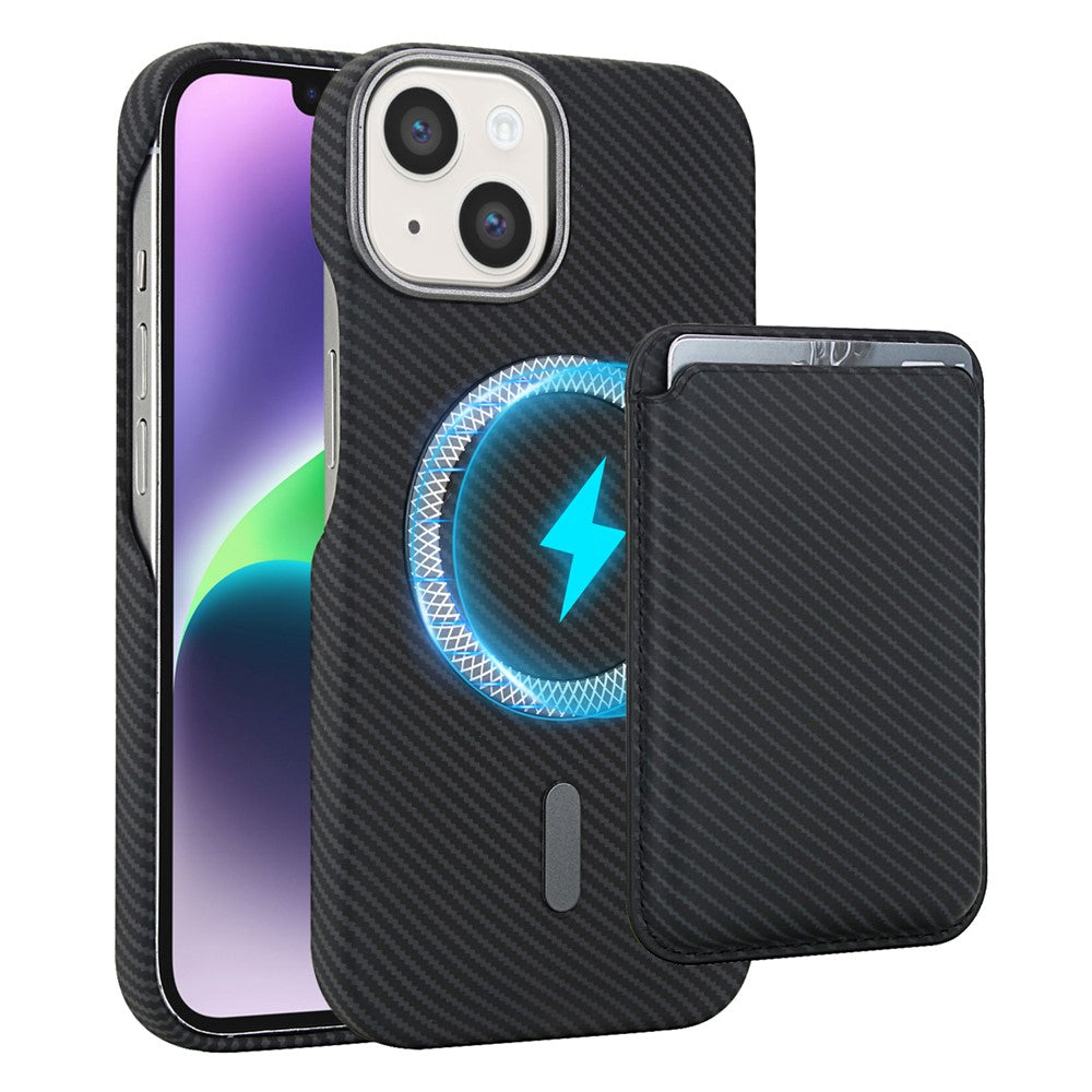 For iPhone 14  /  13 Magnetic Case with Detachable Card Holder Carbon Fiber Texture Leather + PC Phone Cover