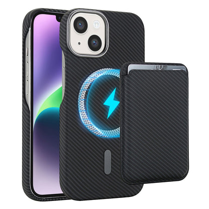 For iPhone 14  /  13 Magnetic Case with Detachable Card Holder Carbon Fiber Texture Leather + PC Phone Cover