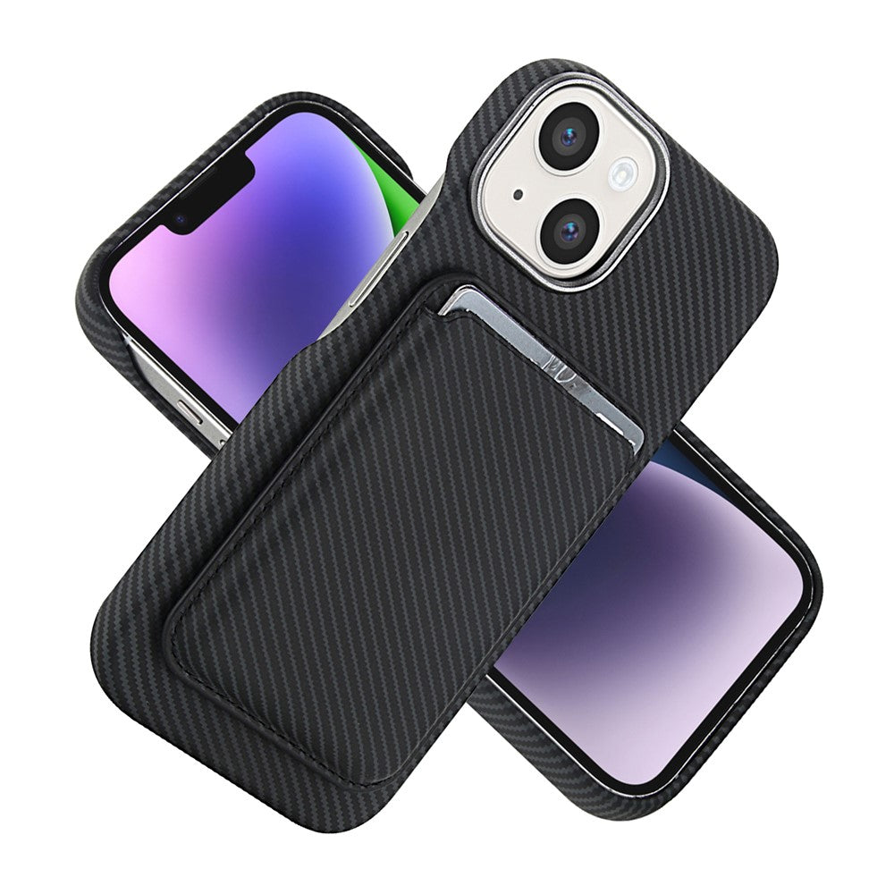 For iPhone 14  /  13 Magnetic Case with Detachable Card Holder Carbon Fiber Texture Leather + PC Phone Cover