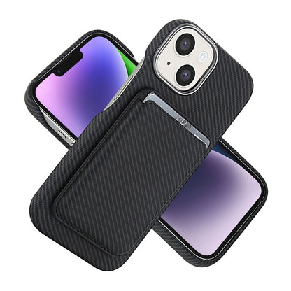 For iPhone 14  /  13 Magnetic Case with Detachable Card Holder Carbon Fiber Texture Leather + PC Phone Cover
