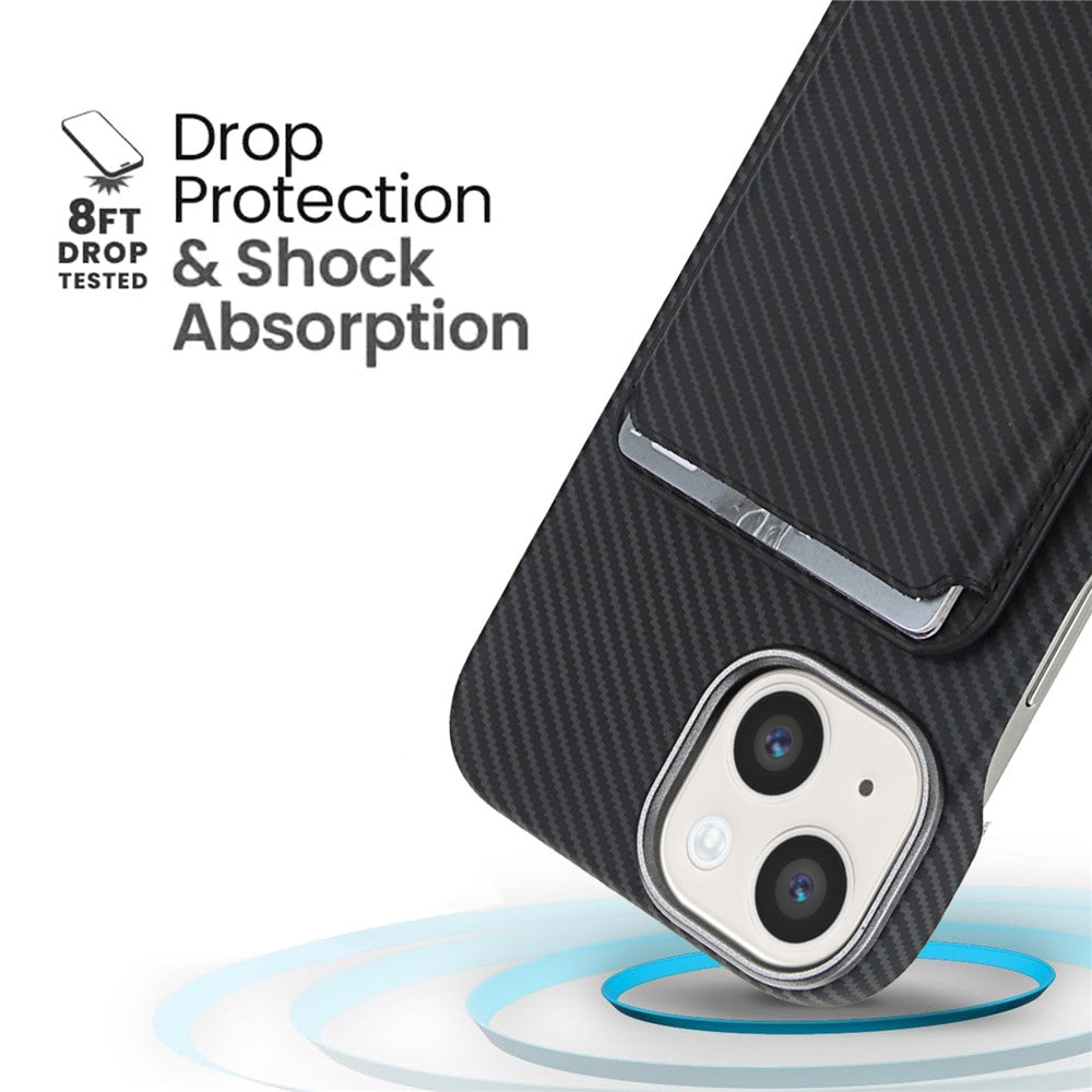 For iPhone 14  /  13 Magnetic Case with Detachable Card Holder Carbon Fiber Texture Leather + PC Phone Cover