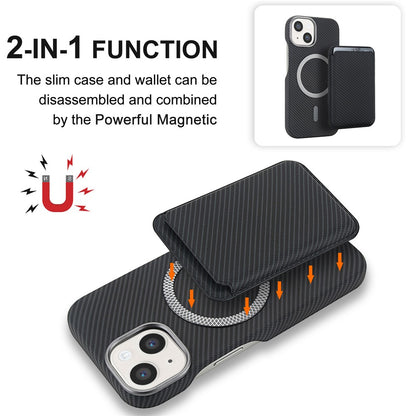 For iPhone 14  /  13 Magnetic Case with Detachable Card Holder Carbon Fiber Texture Leather + PC Phone Cover