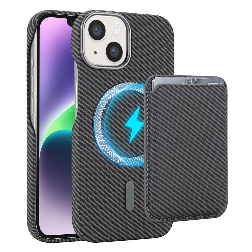 For iPhone 14  /  13 Magnetic Case with Detachable Card Holder Carbon Fiber Texture Leather + PC Phone Cover