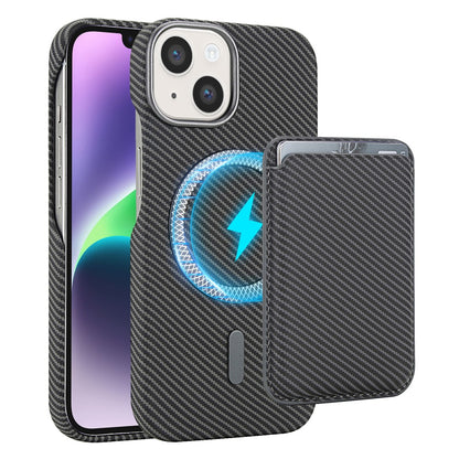For iPhone 14  /  13 Magnetic Case with Detachable Card Holder Carbon Fiber Texture Leather + PC Phone Cover